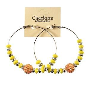Large Yellow Beaded Hoop Earring 3" Silver Tone Rhinestone Accent Pierced Trendy